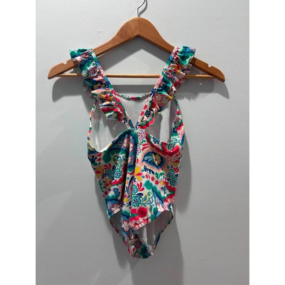 Mini Boden One Piece Swimsuit Kids 9-10Y Multicolor Paisley Ruffle Cross Back